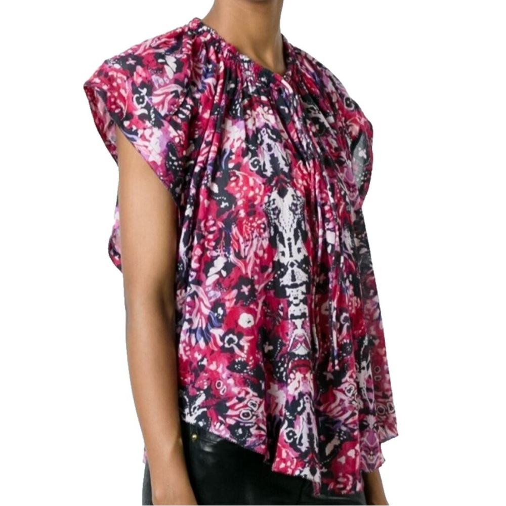 IRO Pink Black Floral Gathered Silk Blouse